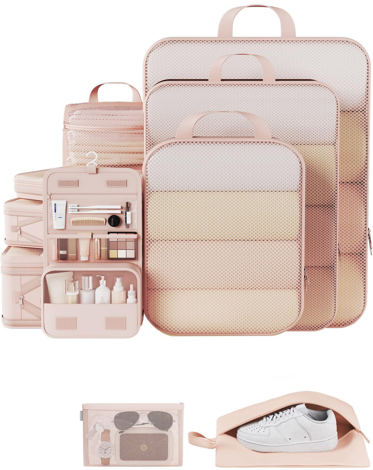 Veken 9/11 Set Compression Packing Cubes for Cruise Travel Essentials,Compressible Expandable Luggage Suitcase Organizer Bags for Clothing,Space Saver Bags with Over 1000 pcs of Mesh Holes(Beige)