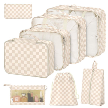 8 Set Packing Cubes for Suitcases,Packing Cube with Shoe, Cosmetics, Clothing, and Accessories Bags Packing Cubes for Travel Luggage Organizer Women Men(Khaki Checkered)