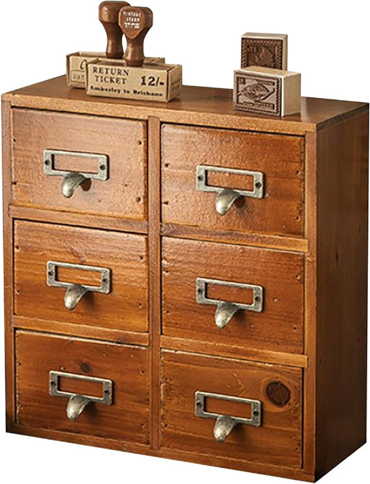 Vintage Card Catalog Drawers for Desktop - 6-Drawer Mini Wood Desktop Cabinet for Office Study Table - Solid Wood Storage Drawers for Table - Mahogany Wood Organizer Cabinet Drawers, Fully Assembled