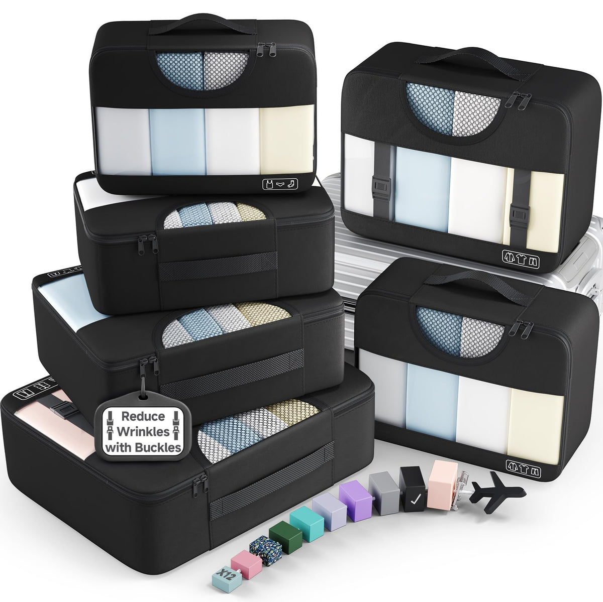 Veken 10 Set/8 Set Packing Cubes for Travel Essentials,Anti-Wrinkle Buckled Suitcase Organizer for Shoe & Toiletry Bag,Carry On Luggage Bag for Airplane & College Dorm Room Accessories,Women Men Gifts