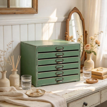 Wooden Desktop Organizer Cabinet with 6-Drawer Rustic Wood Shelf Drawer Antique Card Catalog Cabinet Distressed Decor Jewelry Cosmetics Craft Paper Storage Box for Home Office (Green)