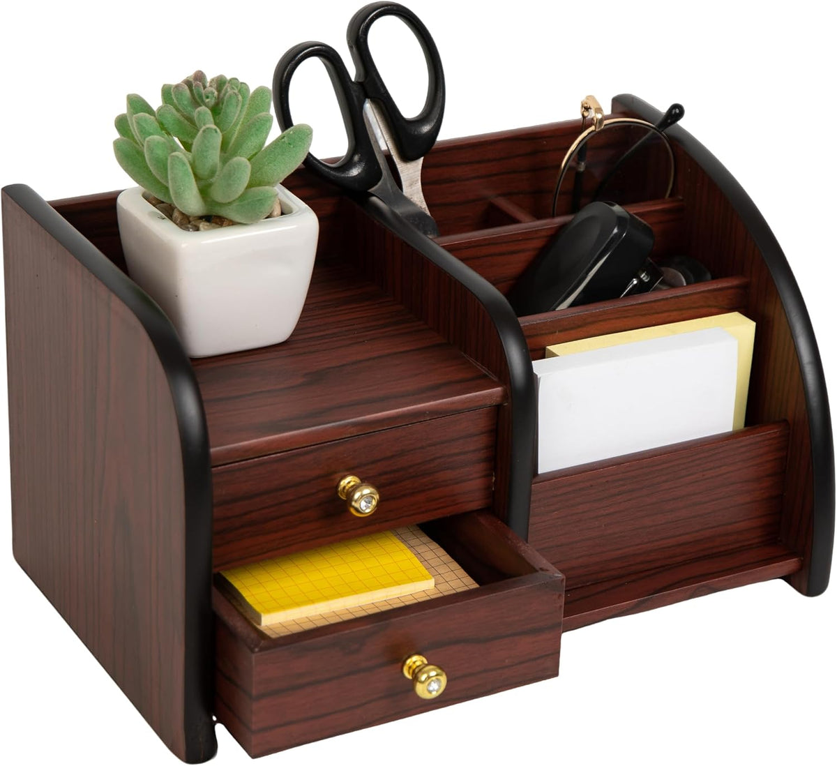Cherry Brown Wood Desktop Organizer – Multiple Compartments with 2 Drawers & Stepped Racks – Tabletop Storage Cabinet for Office Supplies, Stationery, and Home Accessories