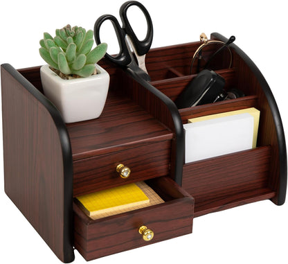 Cherry Brown Wood Desktop Organizer – Multiple Compartments with 2 Drawers & Stepped Racks – Tabletop Storage Cabinet for Office Supplies, Stationery, and Home Accessories