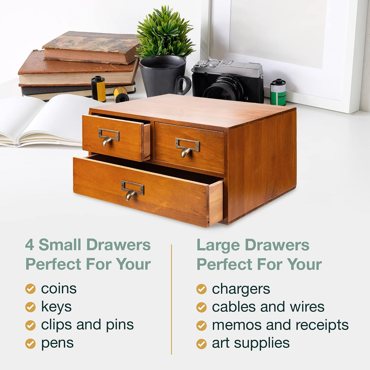 Modular Stackable Desktop Apothecary Cabinet with 3 Drawers - Solid Wood Medicine Cabinet for Tabletop - Card Catalog Drawers with Label Holders - Desktop Chest Drawer for Storage and Organization