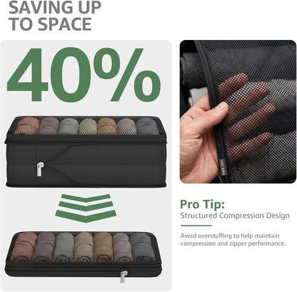 7 Set Compression Packing Cubes for Travel Essentials Luggage, Mesh Collapsible Packing Cubes for 20-22 inch Carry on Suitcase, Expandable Travel Packing Organizers with Shoe Laundry Bag(Black）