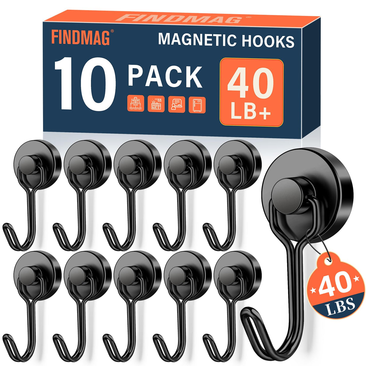 FINDMAG Magnetic Hooks for Cruise Cabins, 6 Pack, 30 LB+, Black