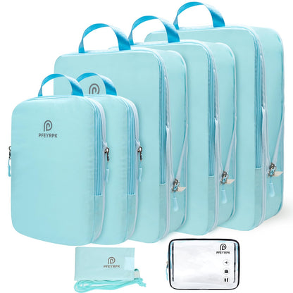 PFEYRPK Lightweight Compression Packing Cubes for Suitcases, Compressible Expandable Travel Packing Organizer with Clear Toiletries and Backpack Bag, Travel Essentials for Carry on Luggage 7 Set