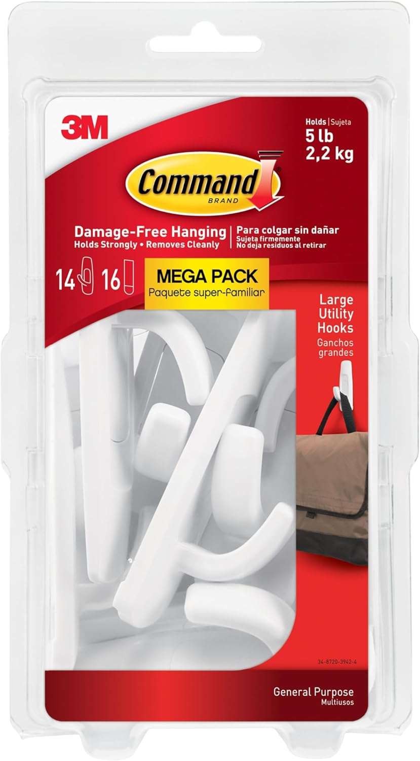 Command Large White Hooks, 14 Hooks, 16 Strips