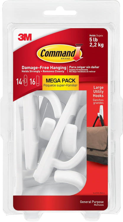 Command Large White Hooks, 14 Hooks, 16 Strips