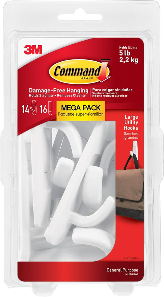 Command Large White Hooks, 14 Hooks, 16 Strips