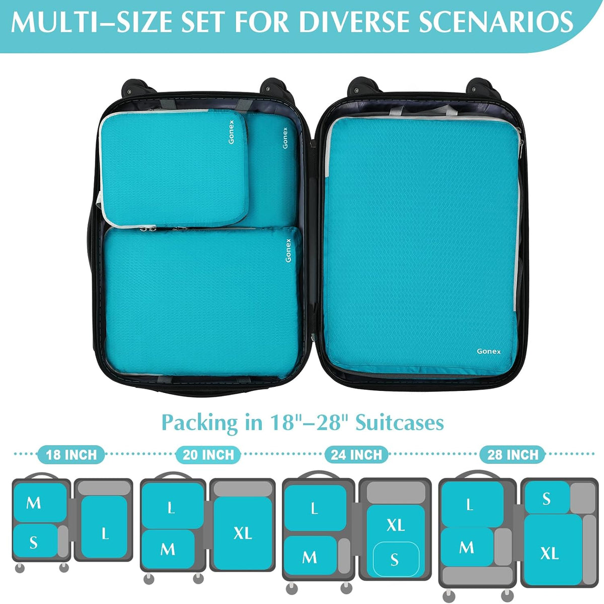 Gonex Compression Packing Cubes, 4-Piece Expandable Travel Organizers