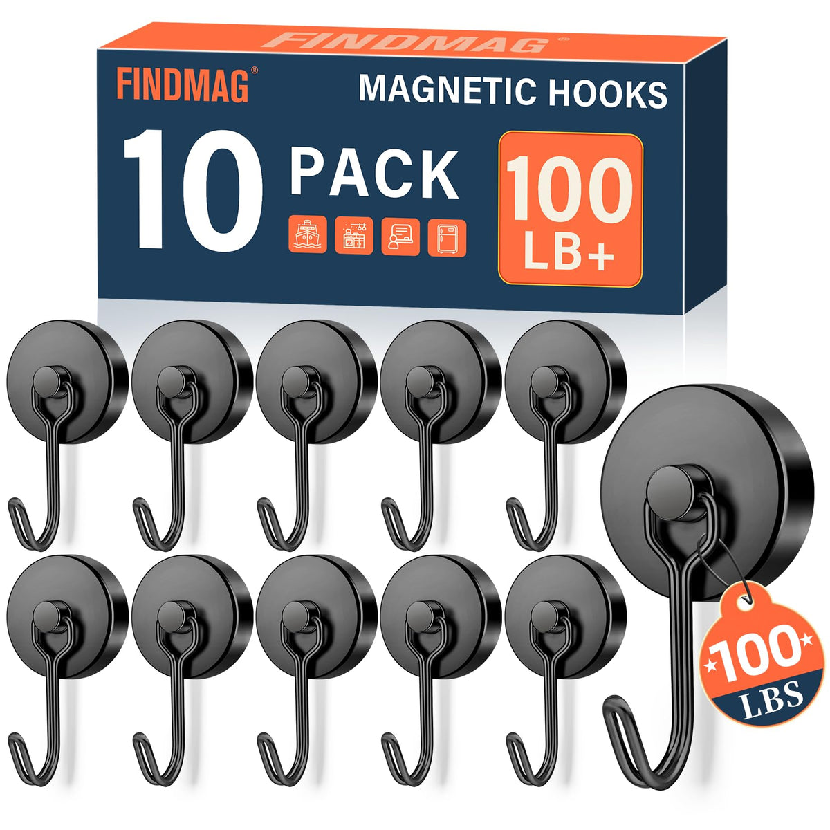 FINDMAG Magnetic Hooks for Cruise Cabins, 6 Pack, 30 LB+, Black