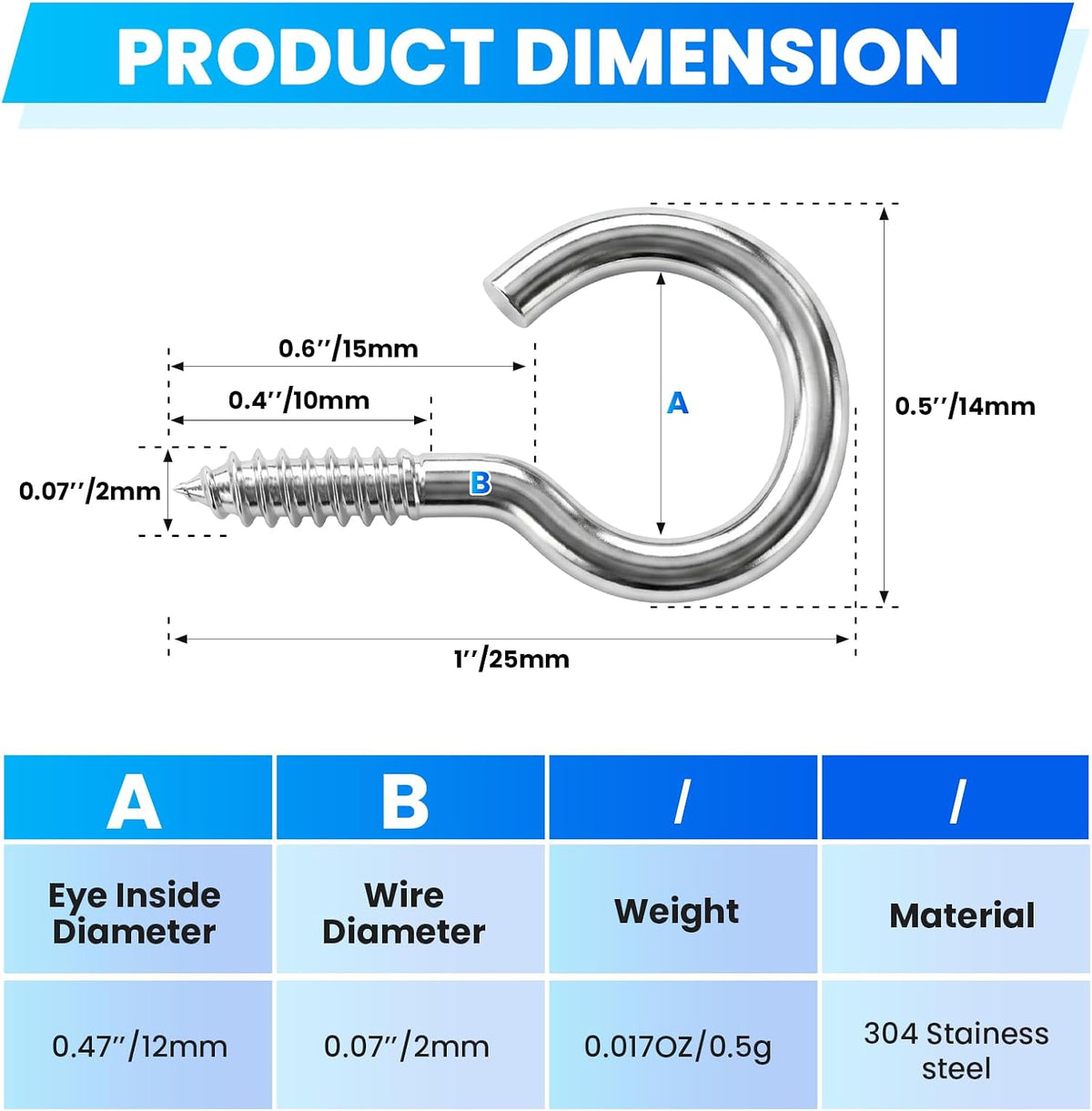 50 Pack 1 Inch Eye Bolts M2 Screw in Hooks,304 Stainless Steel Screw-in Hooks，Metal Ceiling Hooks，for Hanging Plants, Yoga, Lighting fixtures, Indoor and Outdoor use (50, M2-1inch)