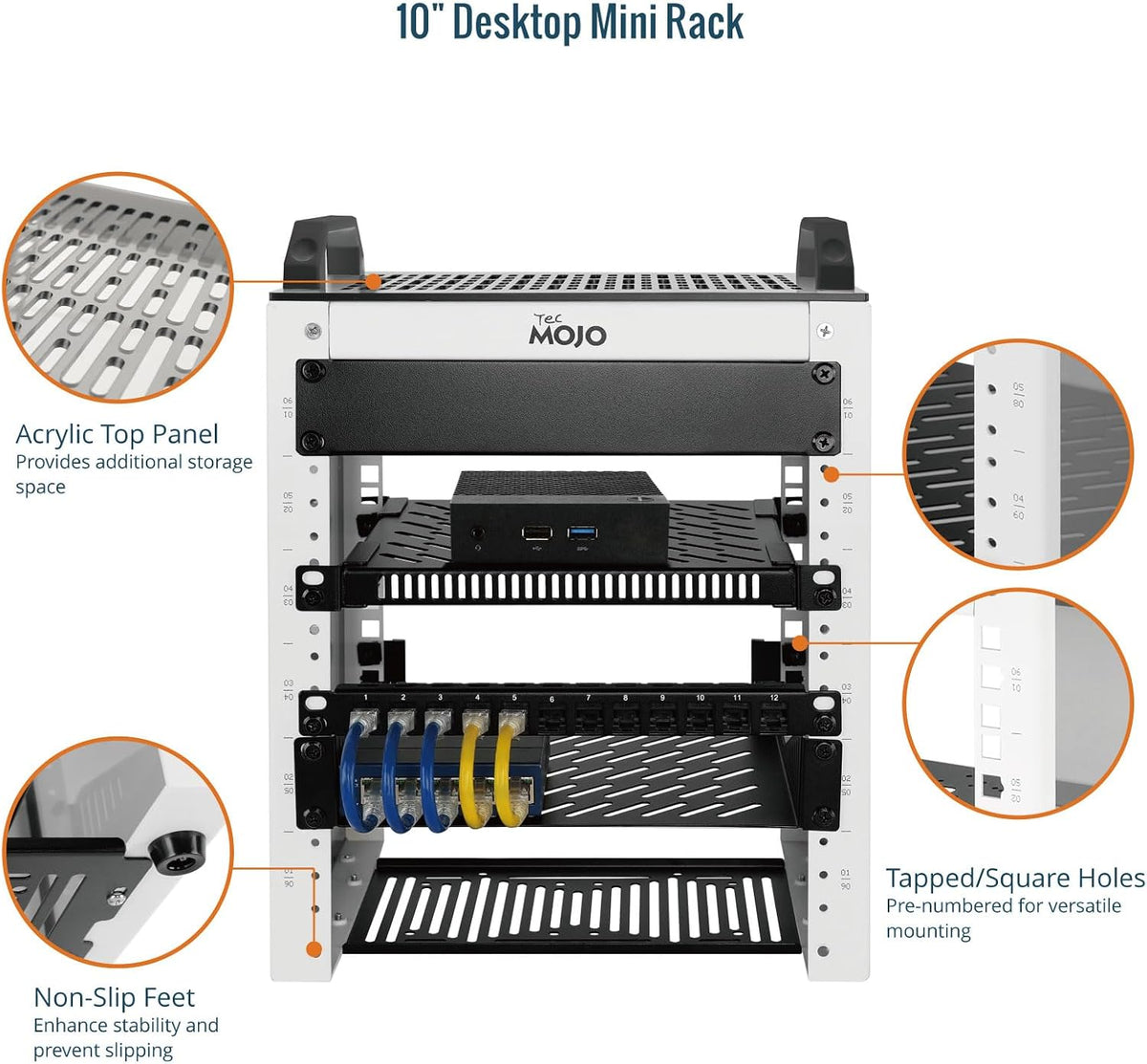 Tecmojo 6U Network Rack, 10 inch Mini Server Rack with 2 Side Translucent Panels & 2 Top Handles, 7.87 inch Deep, for 10 inch IT Equipment & A/V Devices, White