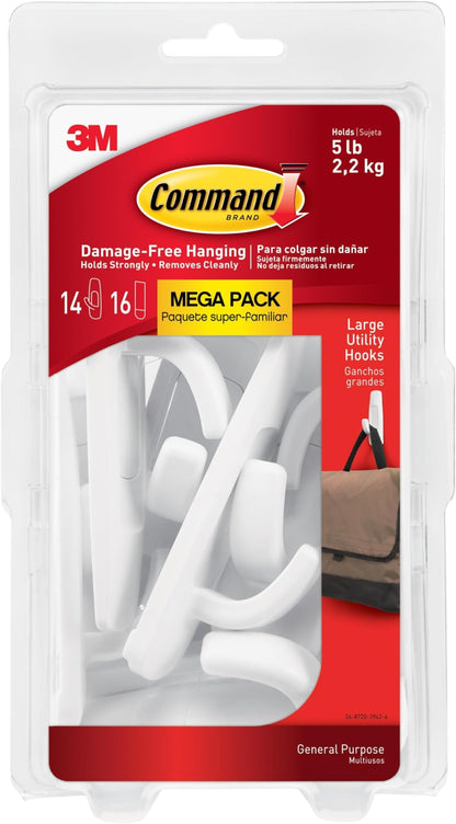 Command Large White Hooks, 14 Hooks, 16 Strips