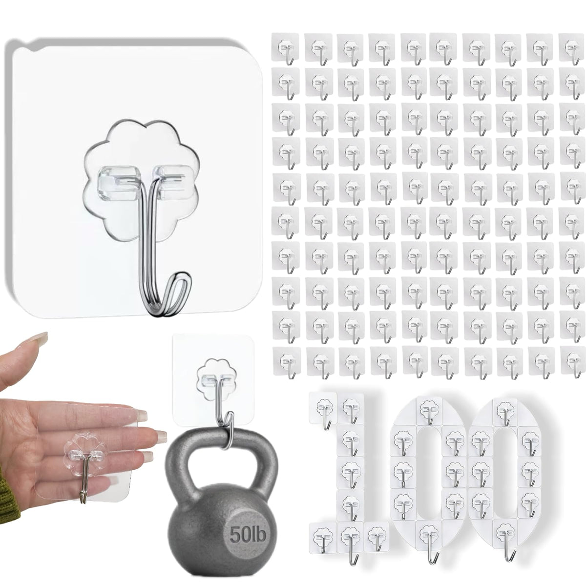 DDMY Adhesive Wall Hooks Clear 50lb(Max) Heavy Duty Hanging Sticky-10 Pack