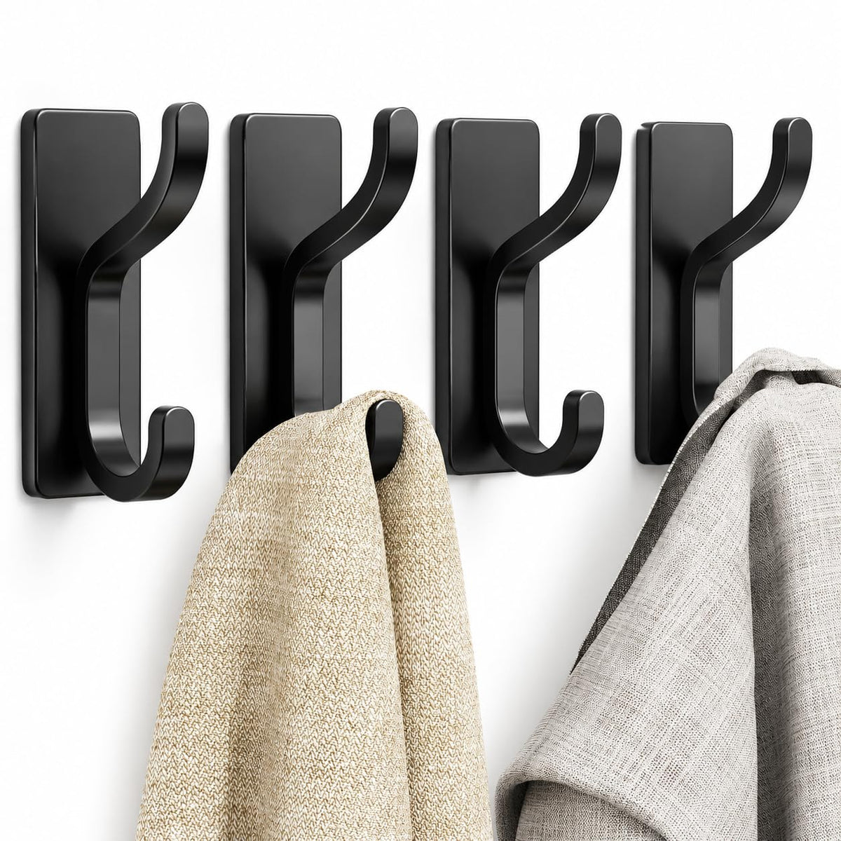 Adhesive Wall Hooks for Towel/Coat,13Lb Strong Stick-On Hooks, Black 4 Pack