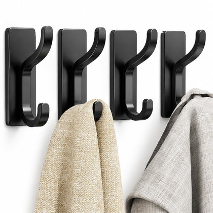 Adhesive Wall Hooks for Towel/Coat,13Lb Strong Stick-On Hooks, Black 4 Pack