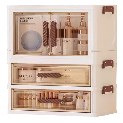 A stackable desktop organizer with drawers and compartments, ideal for storing cosmetics, beauty tools, jewelry, and school supplies in a student dorm. Features a convenient magnetic door handle.