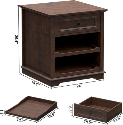 REDAYFUR Lateral File Cabinet 3 Drawer File Cabinet with Charging Station, Wood Lateral Filing Cabinet, Printer Stand with Open Adjustable Storage Shelves for Home Office, Cherry