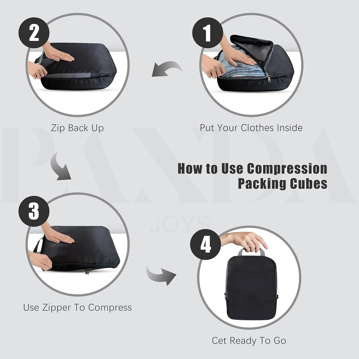 PANDA JOYS 4 Set Compression Packing Cubes Travel - Travel Accessories Expandable Packing Organizers for Carry On - Essentials Luggage Bags - Black