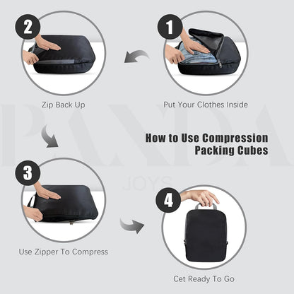 PANDA JOYS 4 Set Compression Packing Cubes Travel - Travel Accessories Expandable Packing Organizers for Carry On - Essentials Luggage Bags - Black