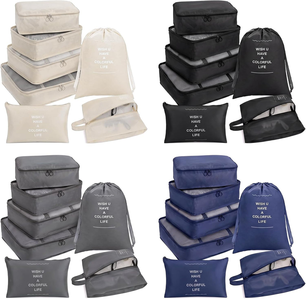28 Pcs Luggage Clothes Organizer Bags, 4 Sets Travel Luggage Packing Organizers Packing Cubes for Travel, Foldable Suitcase Organizers for Family Vacation (Beige, Black, Gray, Navy Blue)