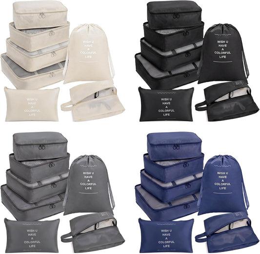 28 Pcs Luggage Clothes Organizer Bags, 4 Sets Travel Luggage Packing Organizers Packing Cubes for Travel, Foldable Suitcase Organizers for Family Vacation (Beige, Black, Gray, Navy Blue)