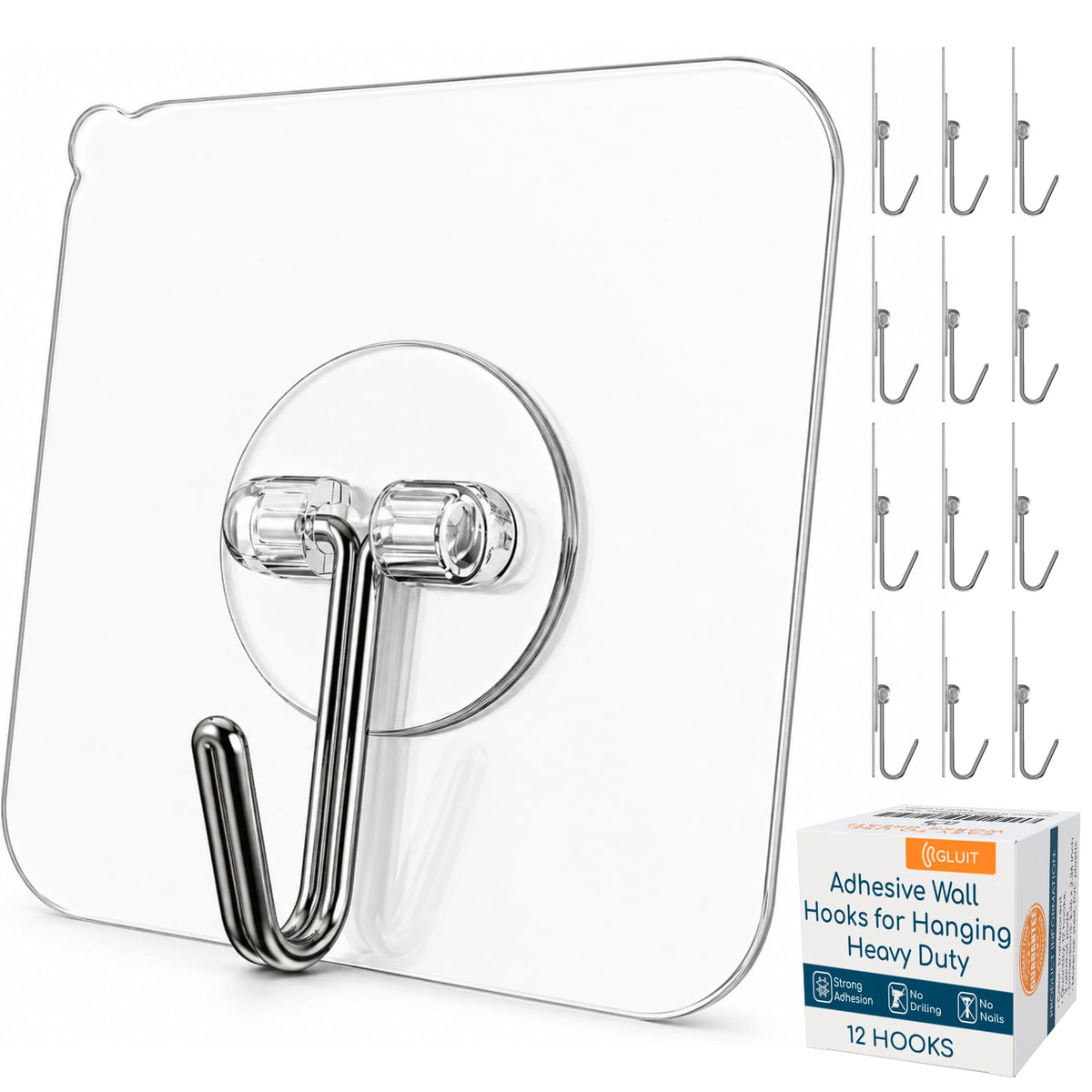 GLUIT Adhesive Wall Hooks for Hanging Heavy Duty No Drill, 22 lbs, 12 pcs
