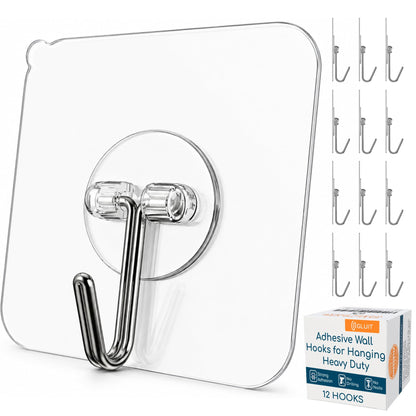 GLUIT Adhesive Wall Hooks for Hanging Heavy Duty No Drill, 22 lbs, 12 pcs