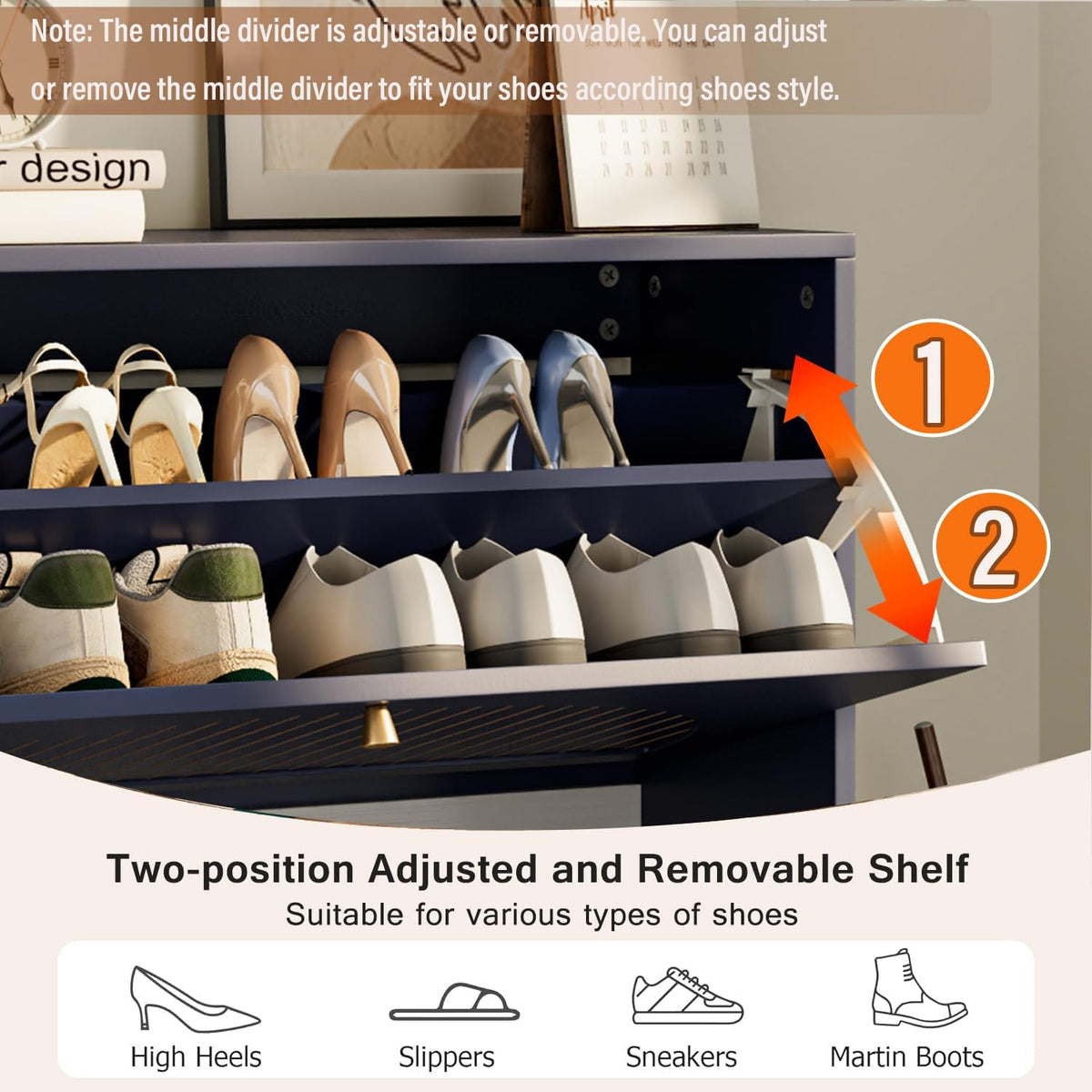Fsbecl Shoe Storage Cabinet for Entryway with 2 Flip Drawers, Navy Blue