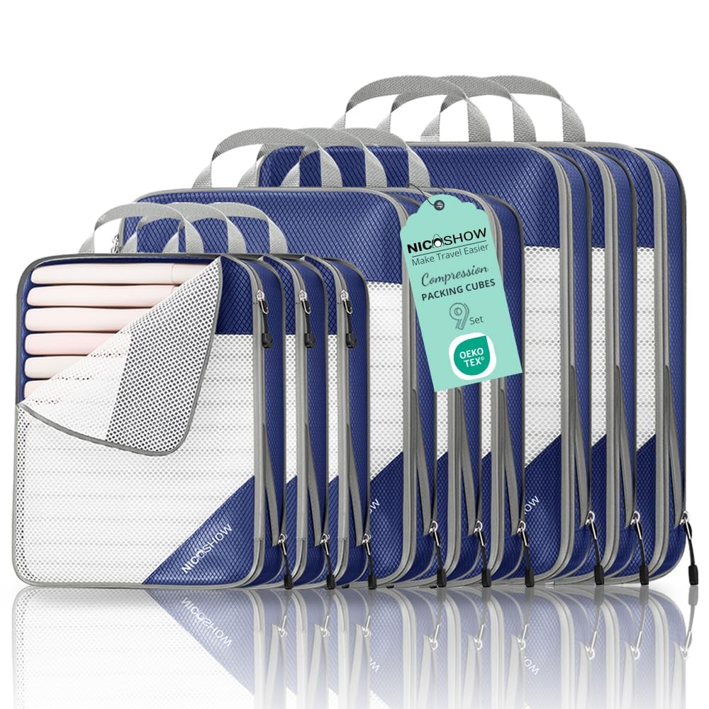 NICOSHOW 6 Set Compression Packing Cubes for Travel - Compressible, Lightweight, and Space-Saving Packing Cubes, Travel Essentials for Women, Grey
