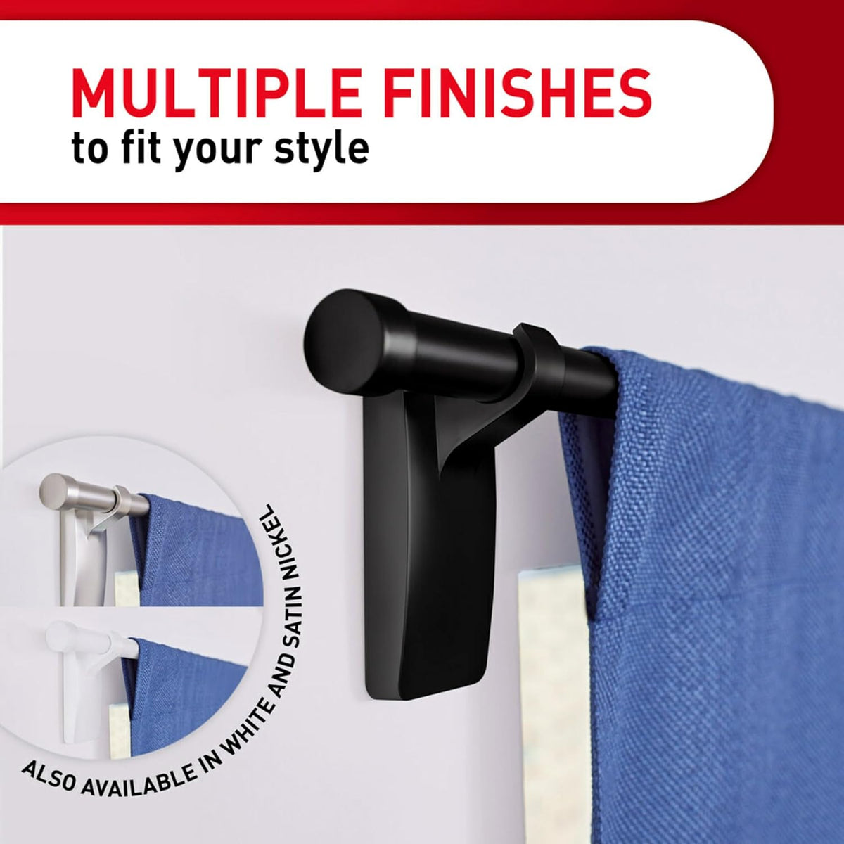 Command Medium Black Curtain Rod Hooks, 2 Hooks, 4 Strips
