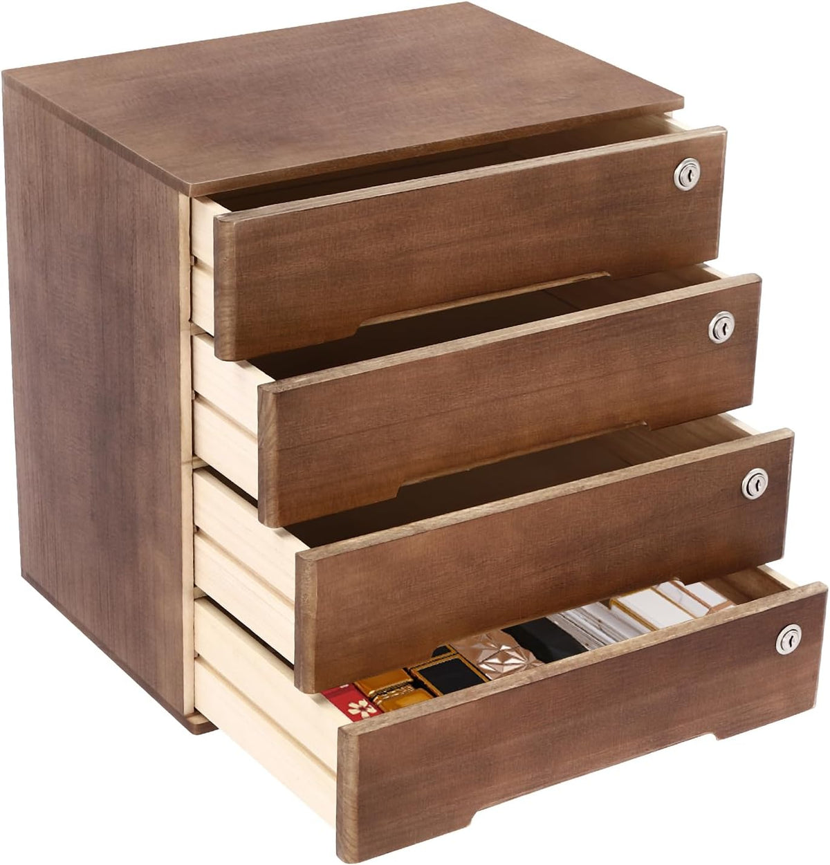 Wooden Desktop Drawer Organizer, 4 Lockable Drawers Cabinet Countertop Storage Box with Drawers Office Supplies Receipt File Organizer Flat File Cabinet for Study, Dresser