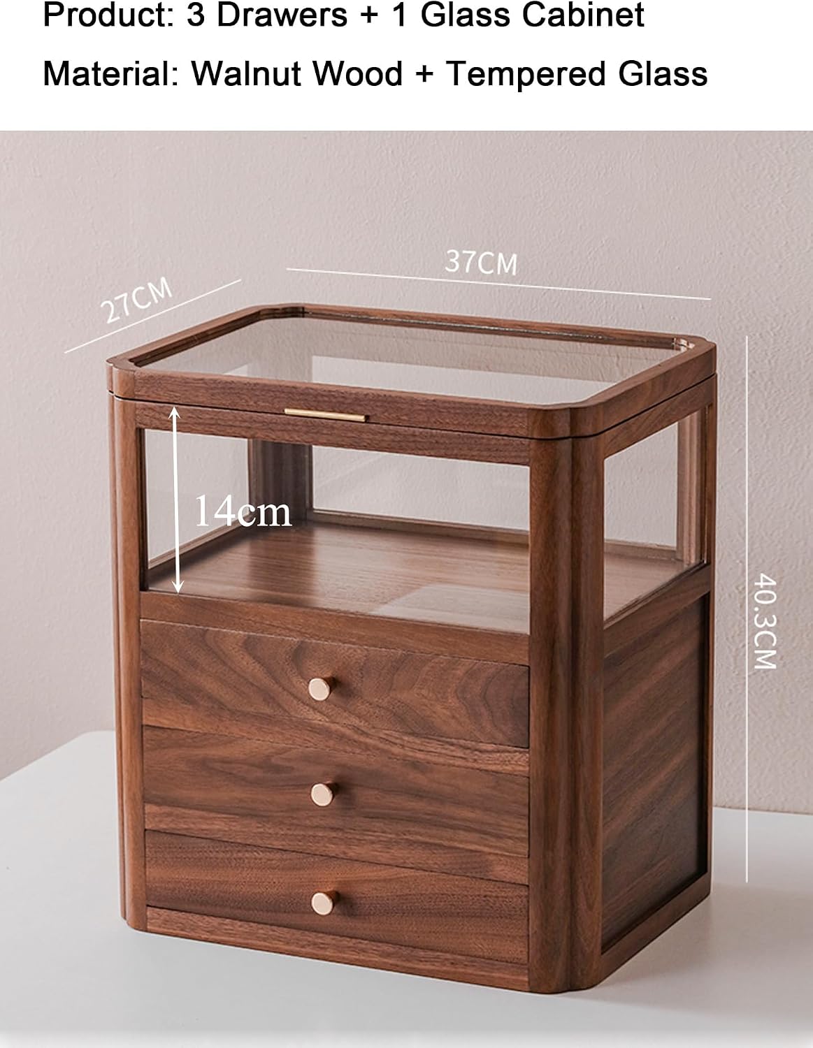 Walnut Wood & Glass Storage Cabinets Desktop Organizers Countertop with Drawers (SYJ-SCWD03)
