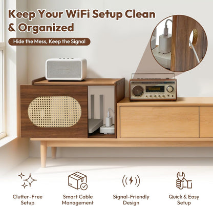 Wooden Wi-Fi Router Box Hider, Rattan Tabletop Cable Management Cabinet to Hide Modem & Cords, Fits Routers up to 11" H, Easy Assembly, 16"x10.4"x12"