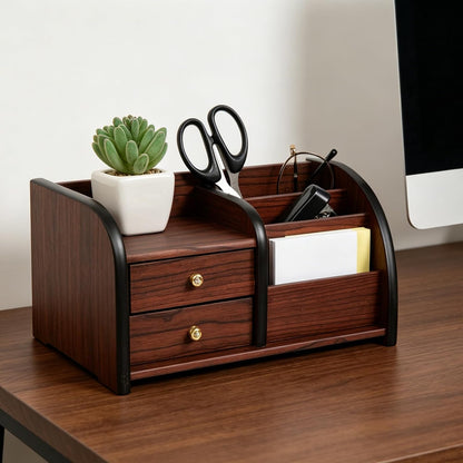 Cherry Brown Wood Desktop Organizer – Multiple Compartments with 2 Drawers & Stepped Racks – Tabletop Storage Cabinet for Office Supplies, Stationery, and Home Accessories