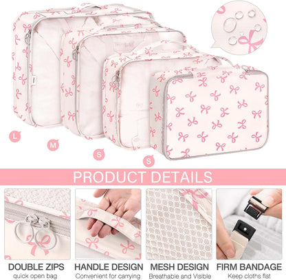 KPX 8 Set Packing Cubes for Travel, Luggage Packing Organizers Accessories Large Toiletries Bag for Clothes Shoes Cosmetics (8Set-Pink Bow)