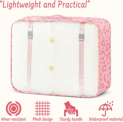 9 Set Packing Cubes for Travel Essentials - Lightweight Carry-On Luggage Organizer Bags with Shoe, Clothes & Laundry Bags for Airplane, Family & Business Travel, Pink leopard print