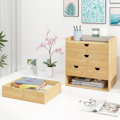 Bamboo Desk Drawer Organizer, Large Desktop Organizer with Drawers Tabletop Storage Organization Box for Office Home Toiletries Supplies Vanity, No Assembly Required (2 Drawer with Shelf)
