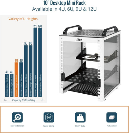 Tecmojo 6U Network Rack, 10 inch Mini Server Rack with 2 Side Translucent Panels & 2 Top Handles, 7.87 inch Deep, for 10 inch IT Equipment & A/V Devices, White