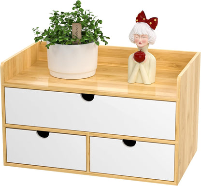 Bamboo Desk Organizer with Drawers, Desktop Storage for Office Supplies