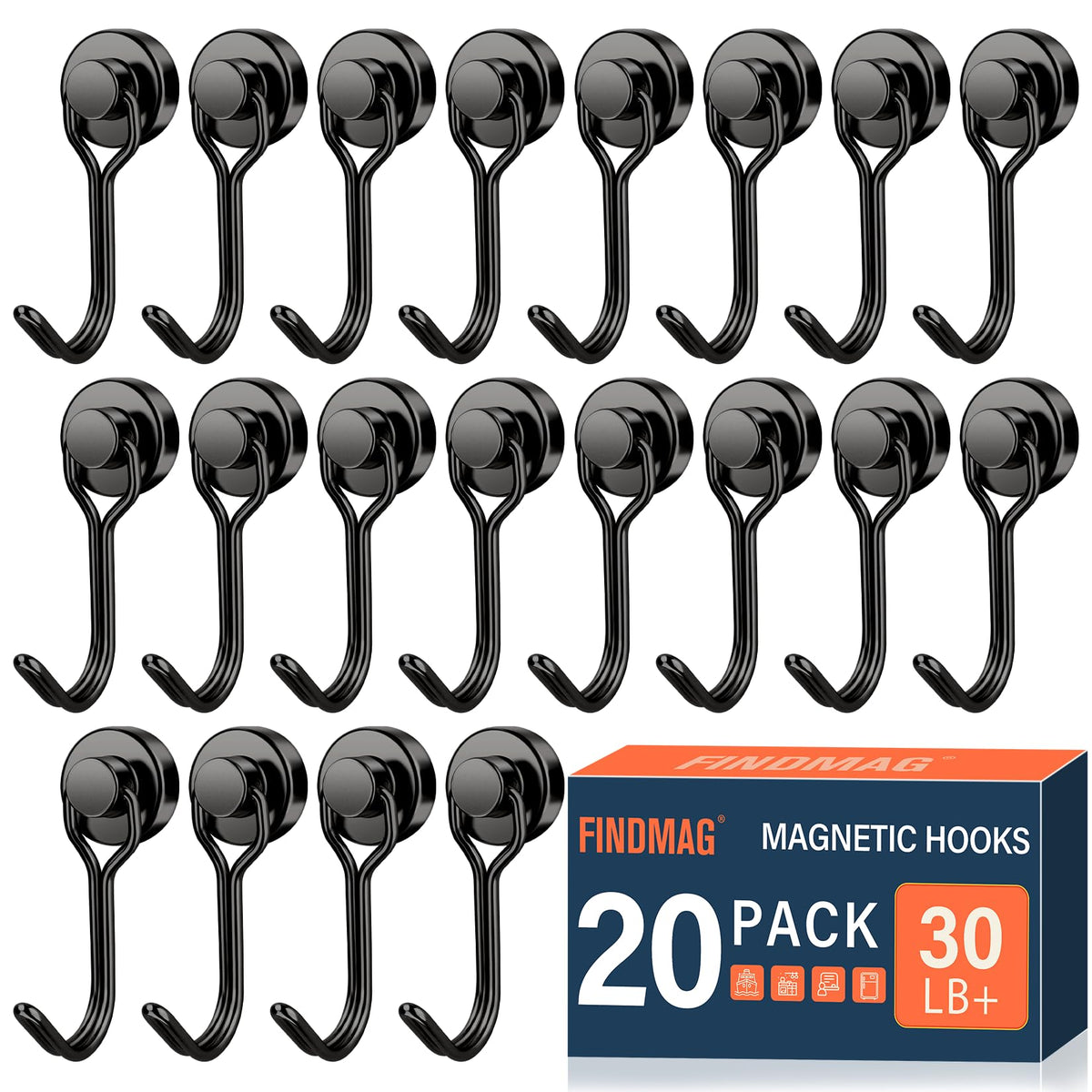 FINDMAG Magnetic Hooks for Cruise Cabins, 6 Pack, 30 LB+, Black