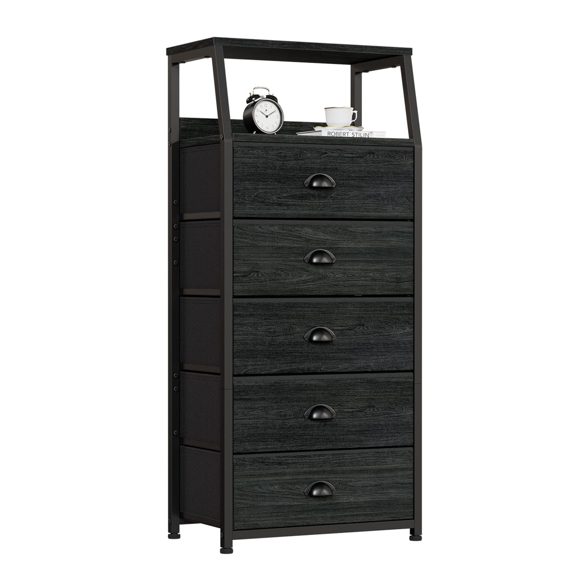 Furnulem Black Night Stand, Small Bedside Table for with 3 Fabric Drawers