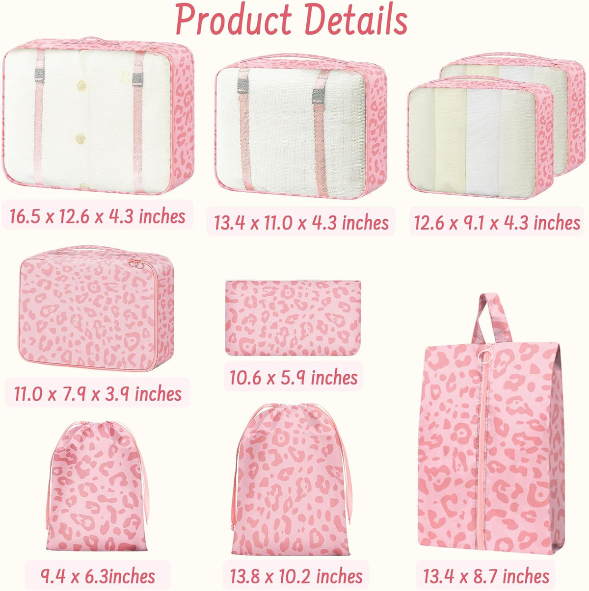 9 Set Packing Cubes for Travel Essentials - Lightweight Carry-On Luggage Organizer Bags with Shoe, Clothes & Laundry Bags for Airplane, Family & Business Travel, Pink leopard print