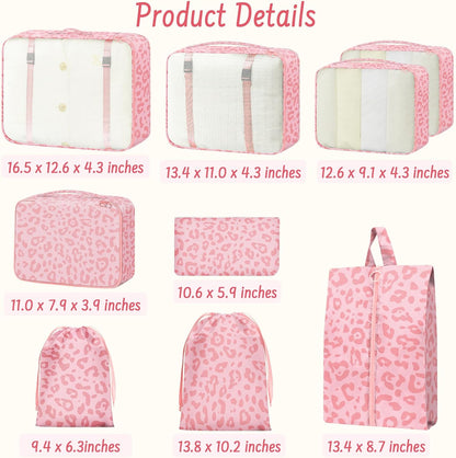 9 Set Packing Cubes for Travel Essentials - Lightweight Carry-On Luggage Organizer Bags with Shoe, Clothes & Laundry Bags for Airplane, Family & Business Travel, Pink leopard print