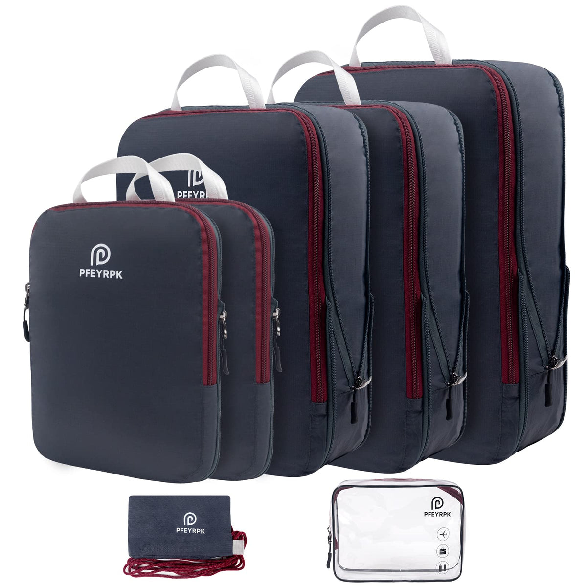 PFEYRPK Lightweight Compression Packing Cubes for Suitcases, Compressible Expandable Travel Packing Organizer with Clear Toiletries and Backpack Bag, Travel Essentials for Carry on Luggage 7 Set