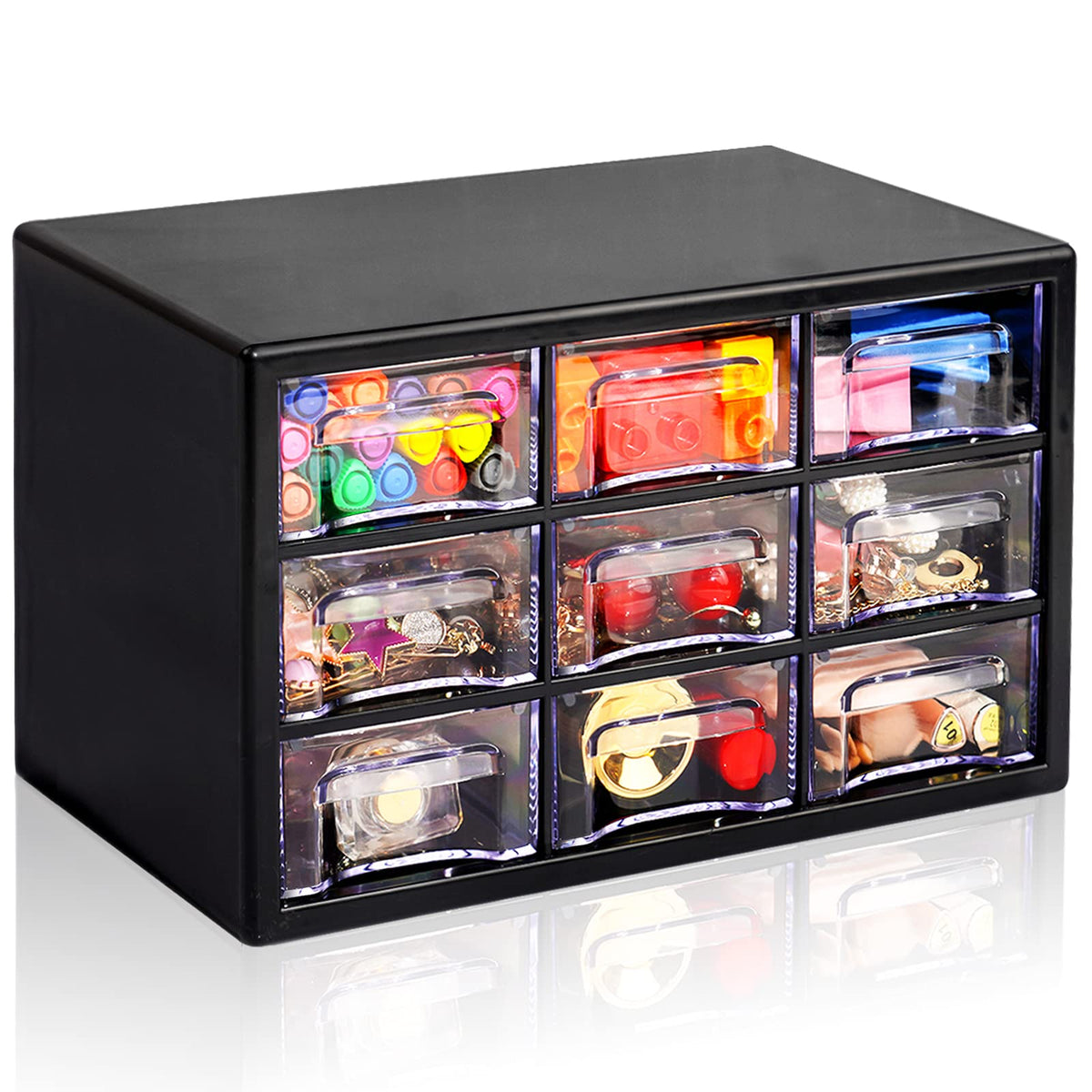 Stackable Desk Organizer with 9 Drawers, Clear Storage Box, Black