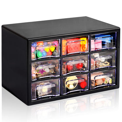 Stackable Desk Organizer with 9 Drawers, Clear Storage Box, Black