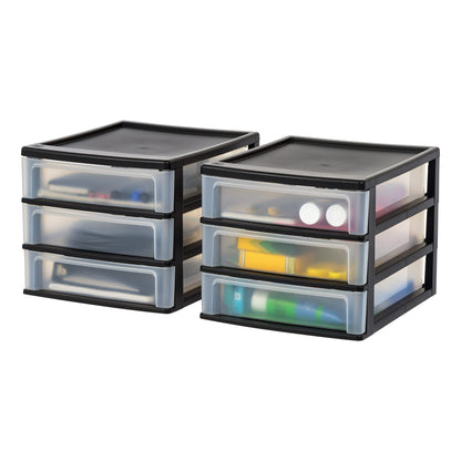 IRIS USA 2-Pack, 3-Drawer Small Plastic Stacking Desktop Organizer, Black